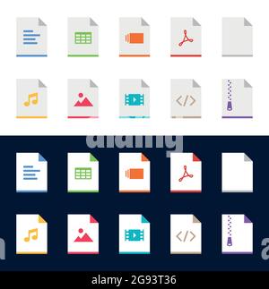 Tipi di file pacchetto icone piatte su sfondo bianco e scuro. Icone vettoriali per il download dei file Illustrazione Vettoriale