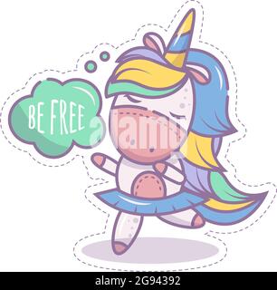 Una ragazza unicorno simpatica pony che balla in una gonna. Felice e gode della libertà. Oggetto isolato su sfondo bianco. Nello stile di un cartone animato. STIC Illustrazione Vettoriale