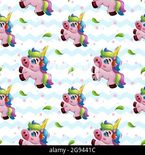 Modello vettoriale senza giunture con unicorno dolce magico animale in stile cartone animato. Stampa per bambini per sfondi, wrapt o tessuti. Illustrazione Vettoriale