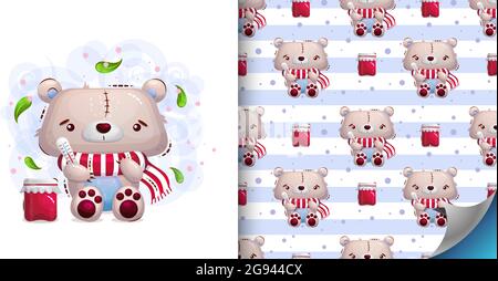 Insieme di illustrazione di orso peloso malato carino in un modello di sciarpa e senza giunture. Illustrazione vettoriale figlio su sfondo bianco nello stile di un cartone animato Illustrazione Vettoriale