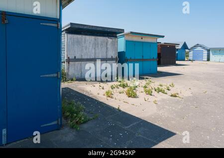 Vista panoramica di capanne in legno, Sutton-on-Sea, Lincolnshire, Regno Unito, giugno Foto Stock