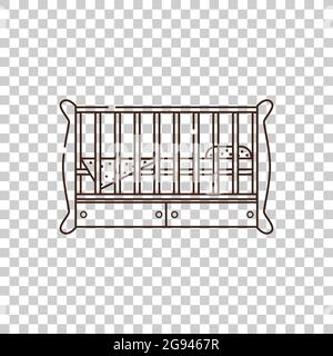 Culla in legno per un neonato con cuscino e coperta. Oggetto isolato dal vettore su uno sfondo trasparente. Nascita di un bambino o di una ragazza. Illustrazione Vettoriale