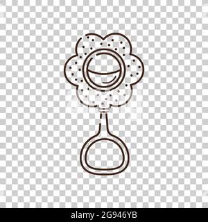 Il semplice sonaglino giocattolo per bambini a forma di fiore. Oggetto isolato dal vettore su uno sfondo trasparente. Nascita di un bambino o di una ragazza. Icona contorno Illustrazione Vettoriale