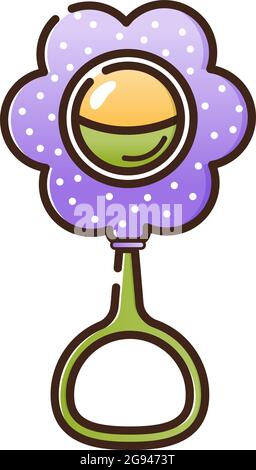 Picchiettio del giocattolo viola per bambini a forma di fiore. Oggetto vettoriale isolato su sfondo bianco. Nascita di un bambino o di una ragazza Illustrazione Vettoriale