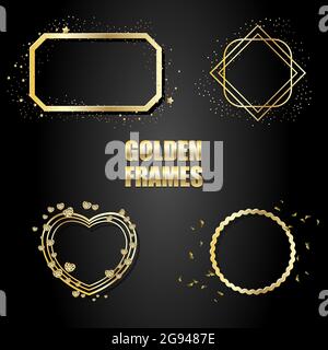 Set di cornici metalliche dorate con scintille. Oggetti vettoriali isolati su sfondo nero. Usato per gli inviti di nozze, le schede di compleanno, le bandiere, Illustrazione Vettoriale