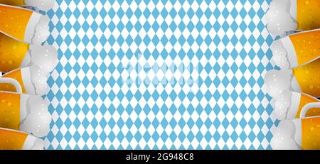 Sfondo Oktoberfest con bicchieri di birra. Confine e rombi blu Illustrazione Vettoriale