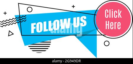Tag di social media lineare vettoriale. Seguici. Oggetto isolato su sfondo bianco stile memphis Illustrazione Vettoriale