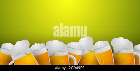 Sfondo Oktoberfest con bicchieri di birra. Bordo e sfondo verde. Illustrazione Vettoriale
