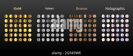 Un ampio set di 144 gradienti metallici rotondi. Oro, argento, bronzo e metallo olografico su sfondo nero. Collezione di scintille per compleanno, holid Illustrazione Vettoriale