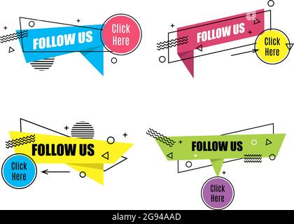 Vettore Imposta tag social media lineare. Seguici. Oggetto isolato su sfondo bianco stile memphis Illustrazione Vettoriale