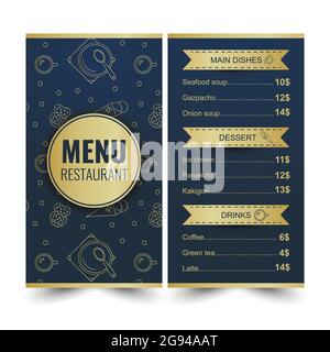 Design del menu del ristorante. Pattern vettoriale con icone e pattern di stile lineare. Colore oro sfondo scuro. Illustrazione Vettoriale