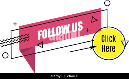 Tag di social media lineare vettoriale. Seguici. Oggetto isolato su sfondo bianco stile memphis Illustrazione Vettoriale