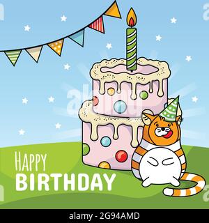 Un grande gatto grasso a strisce kawaii in un cappello vede vicino alla torta con una candela. Biglietto d'invito per buon compleanno. Illustrazione lineare vettoriale Illustrazione Vettoriale