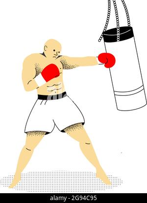 Boxer batte un sacchetto di punzonatura. Illustrazione piatta vettoriale trendy isolata su sfondo bianco in stile lineare. Illustrazione Vettoriale