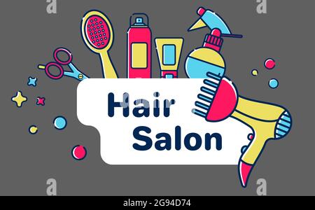 Icone per barbiere. Attrezzi per il padrone nel salone di bellezza. Pettine per capelli, asciugacapelli, forbici, shampoo. Modello biglietto di auguri o biglietto di auguri Illustrazione Vettoriale