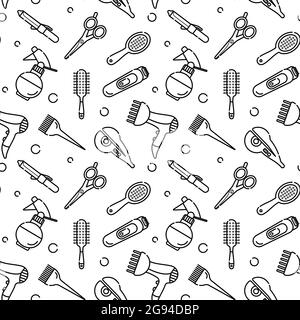 Modello Vector monocromatico senza cuciture per parrucchieri. Attrezzi per il padrone nel salone di bellezza. Asciugacapelli per asciugare i capelli. Oggetti vettoriali di stile lineare Illustrazione Vettoriale