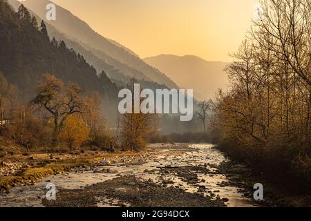 il fiume che scorre attraverso la valle di montagna nebbiosa coperta di fitte foreste e nebbia all'alba immagine è preso a shergaon arunachal pradesh india. Foto Stock