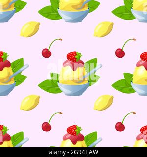 Tradizionale kakigori dessert giapponese. Patatine di ghiaccio con ciliegia, tè verde, menta e sciroppo di limone. Ripetizione piatta vettoriale senza giunture Illustrazione Vettoriale