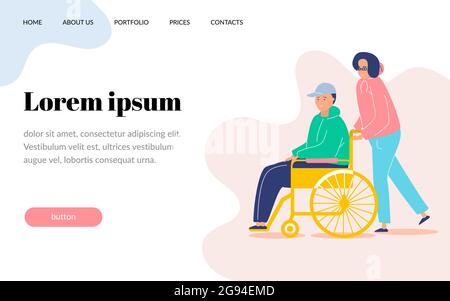 Un volontario aiuta un uomo su una sedia a rotelle. Aiutare mano e cuore. Modello per la landing page del sito Web. Illustrazione piatta vettoriale con elementi botanici Illustrazione Vettoriale