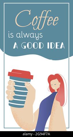 Ragazza con le mani grandi che tiene un bicchiere di caffè. Modello per banner, biglietto d'auguri, poster. Immagine piatta vettoriale. Illustrazione Vettoriale