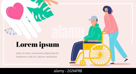 Un volontario aiuta un uomo su una sedia a rotelle. Aiutare mano e cuore. Modello o banner per sito Web, biglietto d'auguri o volantino. Immagine piatta vettoriale con Illustrazione Vettoriale