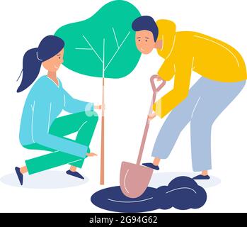 I volontari di ragazza e ragazzo piantano un albero. Abbellendo il pianeta. Vector piatta illustrazione moderna su sfondo bianco Illustrazione Vettoriale