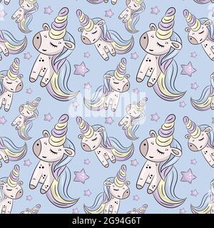 Pattern vettoriale con simpatici unicorni, nuvole, arcobaleno e stelle. Sfondo magico con piccoli unicorni Illustrazione Vettoriale