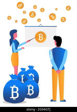 La ragazza analizza la crescita della criptovaluta bitcoin. Molte monete. Vettore piatto illustrazione in stile moderno, cartoon su sfondo bianco Illustrazione Vettoriale