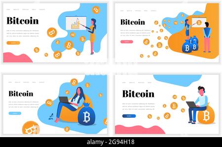 Set di modelli di progettazione di pagine Web. Concetti moderni di illustrazione vettoriale piatta per il sito web e l'atterraggio. Crypto valuta, bitcoin, monete e grafica. Mini Illustrazione Vettoriale