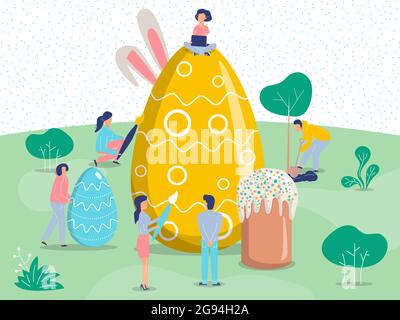 La gente piccola dipinge un uovo grande. Immagine vettoriale piatta in stile moderno. Vacanze di Pasqua. Illustrazione Vettoriale