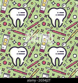 Pattern vettoriale senza giunture su tema dentale. Denti e attrezzature per dentisti. Utilizzato per sfondi, biglietti, sfondi. Illustrazione Vettoriale