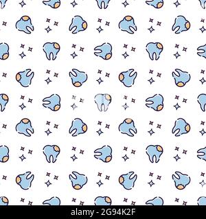 Pattern vettoriale senza giunture su tema dentale. Denti e attrezzature per dentisti. Utilizzato per sfondi, biglietti, sfondi. Illustrazione Vettoriale