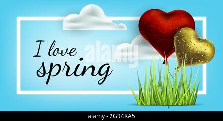 Vettore realistico erba, nuvole e palloncini. Strumento Mesh gradiente. Illustrazione Vettoriale