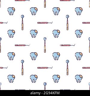 Pattern vettoriale senza giunture su tema dentale. Denti e attrezzature per dentisti. Utilizzato per sfondi, biglietti, sfondi. Illustrazione Vettoriale