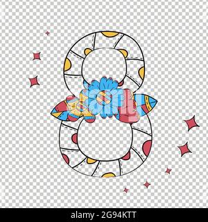 Figura vettoriale otto in stile scandinavo disegnata a mano. Con un motivo da fiori diversi e foglie su uno sfondo trasparente Illustrazione Vettoriale