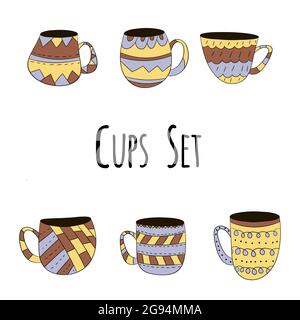 Set vettoriale di tazze di tè, caffè, latte per disegnare le mani in stile scandinavo. Oggetti colorati isolati. Illustrazione Vettoriale