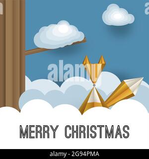 Illustrazione volumetrica vettoriale di un paesaggio invernale. Una volpe nella neve e nelle nevi. Illustrazione Vettoriale