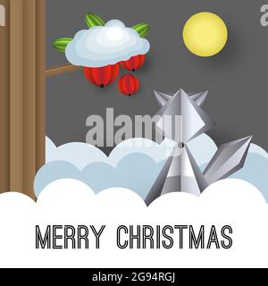 Illustrazione volumetrica vettoriale di un paesaggio invernale. Filiale di rowan. Un lupo nella neve e nelle nevi Illustrazione Vettoriale