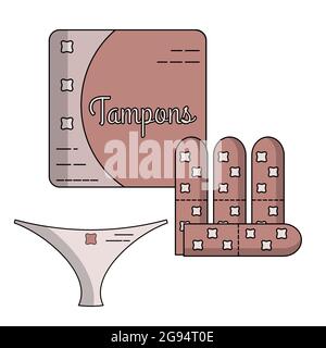 Prodotti per l'igiene femminile. Icone piatte e oggetti isolati. Illustrazione Vettoriale