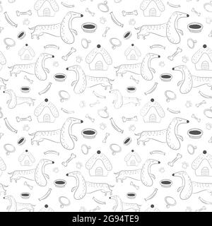 Modello vettoriale senza giunture di dachshund disegnati a mano. Simboli del nuovo anno 2018. Utilizzare come sfondo per siti, sfondi, carta da imballaggio. Illustrazione Vettoriale