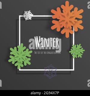 Vettoriale volumetrico fiocchi di neve 3d, taglio di carta. Sfondo per cartoline, siti, sfondi, poster, poster Illustrazione Vettoriale