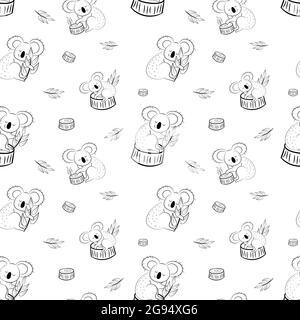 Carino orso koala doodle modello senza cuciture. Lo sfondo vettoriale con koala può essere utilizzato per tessuti per bambini, magliette, sfondi, poster e altro ancora Illustrazione Vettoriale