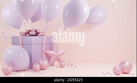 Natale di festa e felice anno nuovo sfondo colore rosa pastello con una scatola regalo e palloncino., modello 3d e illustrazione. Foto Stock