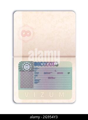 Aprire il passaporto straniero con il visto dell'Unione europea modello fittizio realistico su bianco Illustrazione Vettoriale