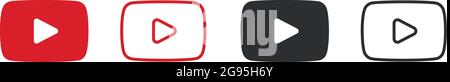 Pulsante Riproduci YouTube, icona del video del tubo, banner rosso con il simbolo del logo, vettore piatto, segno dei social media, app mobile, vettore di contrassegni video sul Web Illustrazione Vettoriale