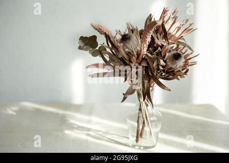 Un bouquet di fiori secchi in un vaso di vetro su uno sfondo chiaro con luce solare. Foto Stock