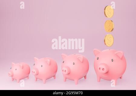 Le banche piggy rosa in aumento di dimensioni e le monete che cadono in uno più grande. Investimento crescente e concetto di risparmio. Modello 3d e illustrazione. Foto Stock