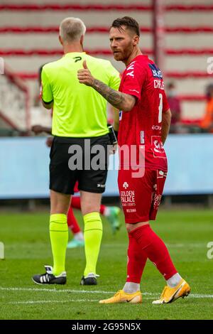 Teddy Chevalier di Kortrijk festeggia dopo aver segnato durante una partita di calcio tra KV Kortrijk e RFC Seraing, sabato 24 luglio 2021 a Kortrijk, il d Foto Stock