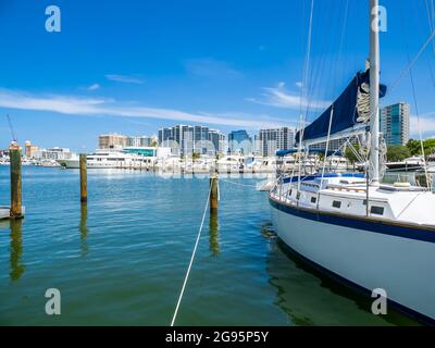 Edifici cittadini sullo sfondo del porticciolo sulla baia di Sarasota a Sarasota Florida USA Foto Stock