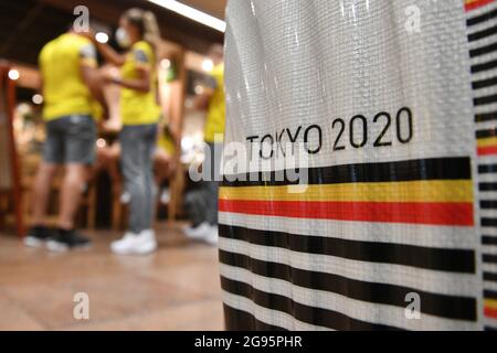 Illustrazione ripresa durante la partenza degli atleti del Team Belgium ai Giochi Olimpici di Tokyo 2020, sabato 24 luglio 2021, all'ai di Bruxelles Foto Stock